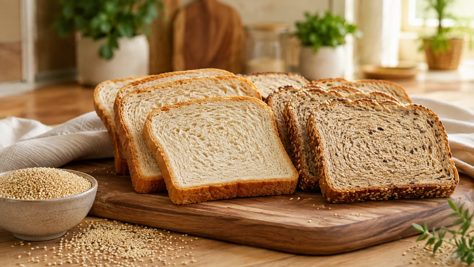 Rebanadas de pan con semillas y granos de quinoa